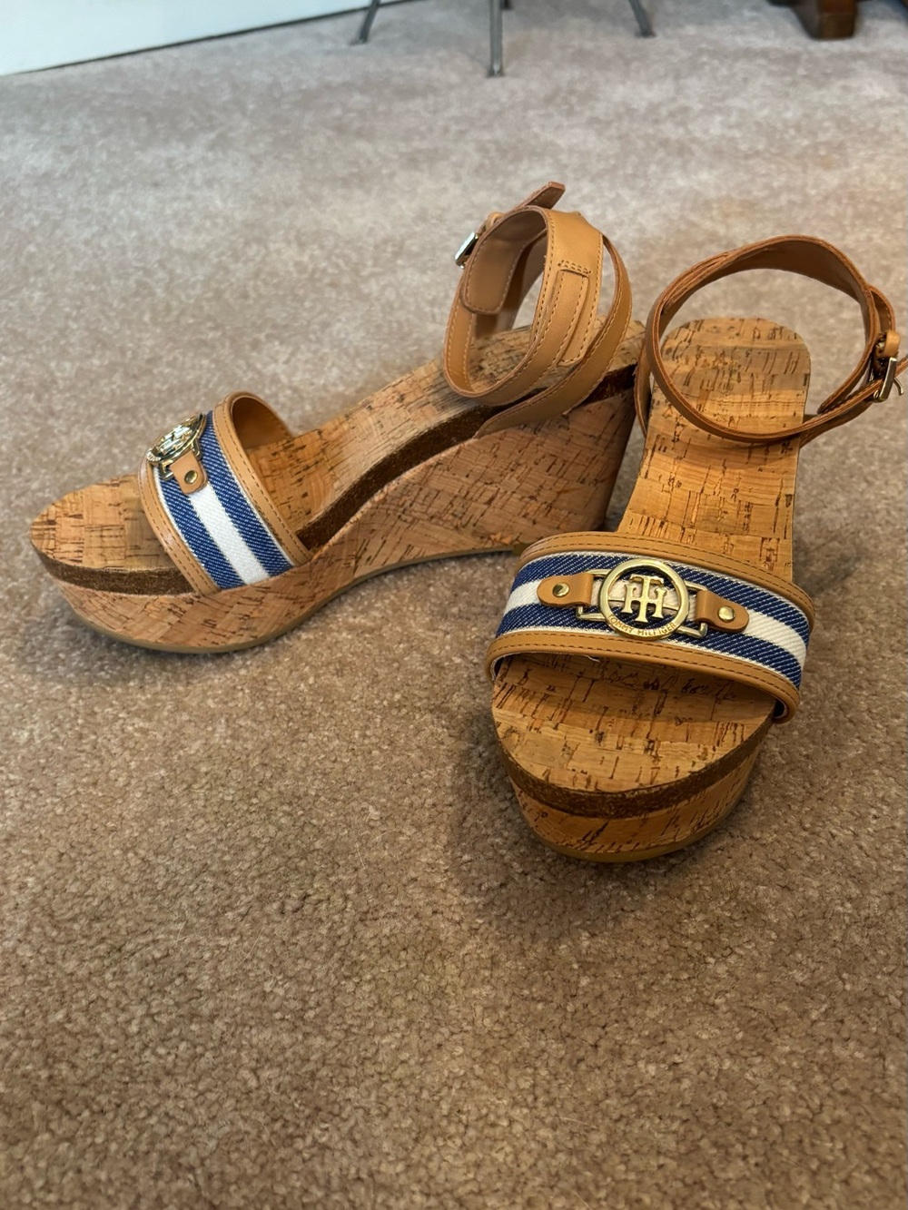 Tommy Hilfiger Tan Wedge Sandals with Navy & White Striped Straps